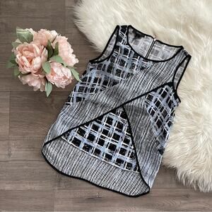 Alfani Light Blue Grid Splice High Low Blouse 2 Petite